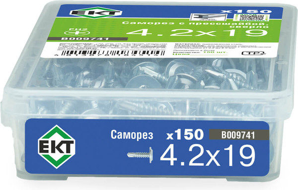 Изображение товара Саморез ЕКТ С прессшайбой 4.2х19 сверло / B009741 (150шт, цинк)