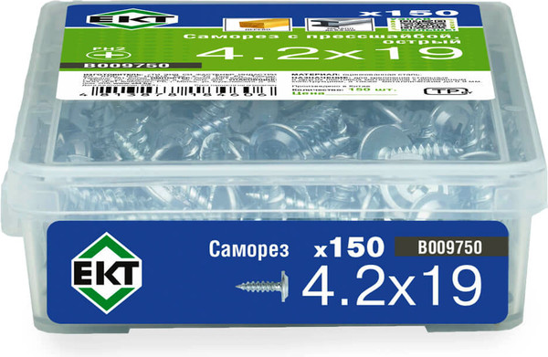 Изображение товара Саморез ЕКТ С прессшайбой 4.2х19 острый / B009750 (150шт, цинк)