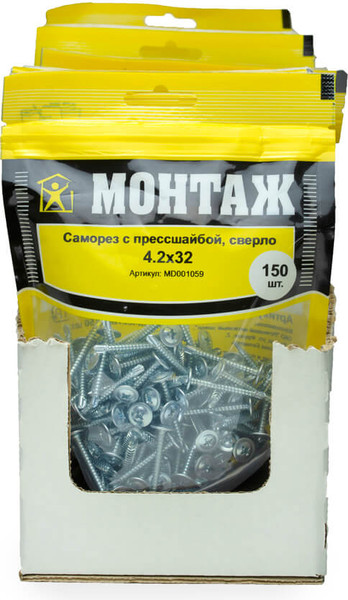 Изображение товара Саморез Монтаж С прессшайбой 4.2х32 сверло / MD001059 (150шт, цинк)