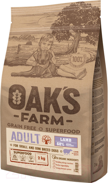 Изображение товара Сухой корм для собак Oak's Farm Беззерновой для взрослых собак мал. и миниат. пород. Ягненок (2кг)
