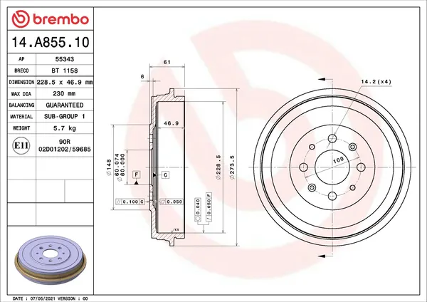 Изображение товара Тормозной барабан Brembo 14A85510