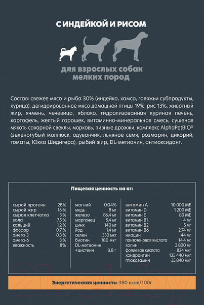 Изображение товара Сухой корм для собак AlphaPet Superpremium Adult для мелких пород с индейкой и рисом / 121100 (500г)