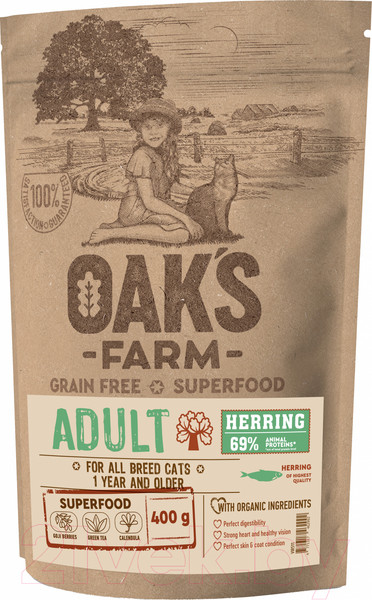 Изображение товара Сухой корм для кошек Oak's Farm Беззерновой для взрослых кошек. Сельдь (400г)