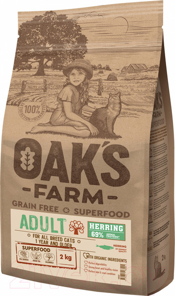 Изображение товара Сухой корм для кошек Oak's Farm Беззерновой для взрослых кошек. Сельдь (2кг)