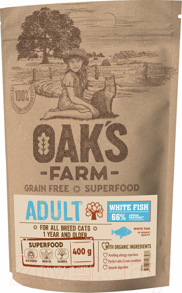 Изображение товара Сухой корм для кошек Oak's Farm Беззерновой для взрослых кошек. Белая рыба (400г)