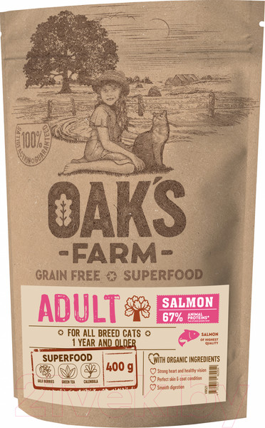 Изображение товара Сухой корм для кошек Oak's Farm Беззерновой для взрослых кошек. Лосось (400г)