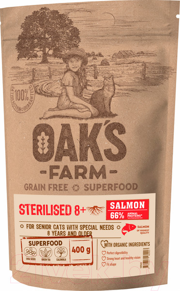Изображение товара Сухой корм для кошек Oak's Farm Беззерновой для зрелых стерилизованных кошек. Лосось (400г)