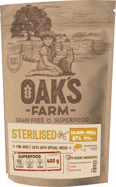 Изображение товара Сухой корм для кошек Oak's Farm Беззерновой для взрослых стерилизованных кошек. Лосось и криль (400г)
