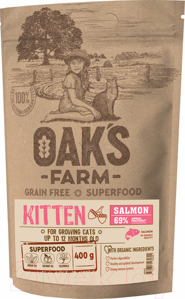Изображение товара Сухой корм для кошек Oak's Farm Беззерновой для котят. Лосось (400г)