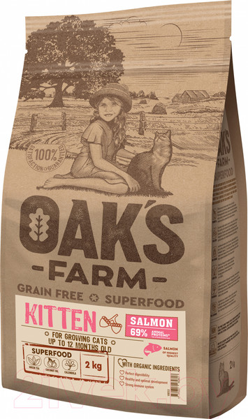 Изображение товара Сухой корм для кошек Oak's Farm Беззерновой для котят. Лосось (2кг)