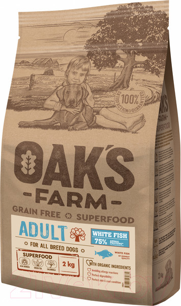 Изображение товара Сухой корм для собак Oak's Farm Беззерновой для взрослых собак всех пород. Белая рыба (2кг)