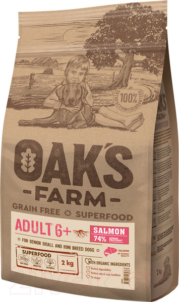 Изображение товара Сухой корм для собак Oak's Farm Беззерновой для зрелых собак малых и миниатюрных пород. Лосось (2кг)