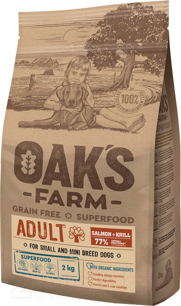 Изображение товара Сухой корм для собак Oak's Farm Беззерновой для малых и миниатюрных пород. Лосось и криль (2кг)