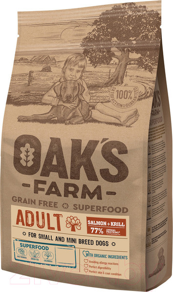 Изображение товара Сухой корм для собак Oak's Farm Беззерновой для малых и миниатюрных пород. Лосось и криль (6.5кг)