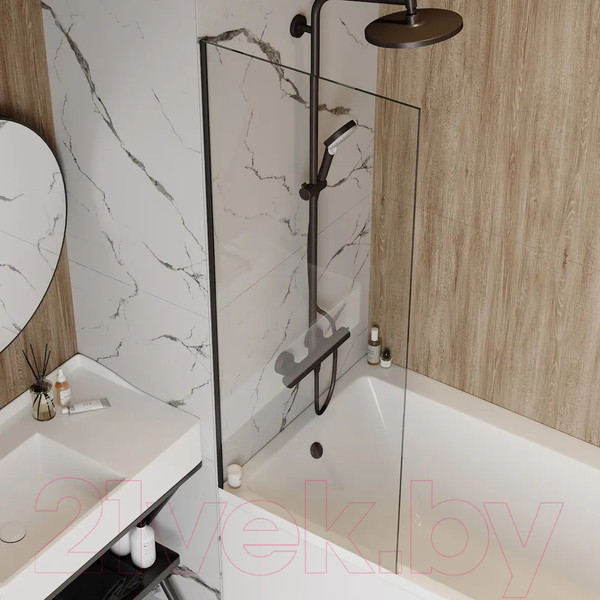 Изображение товара Стеклянная шторка для ванны Teymi Timo 60x140 / T00271 (прозрачное стекло/черный хром)