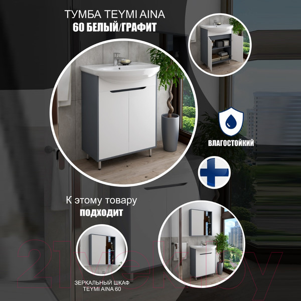 Изображение товара Тумба под умывальник Teymi Aina 60 / T60004 (белый/графит)