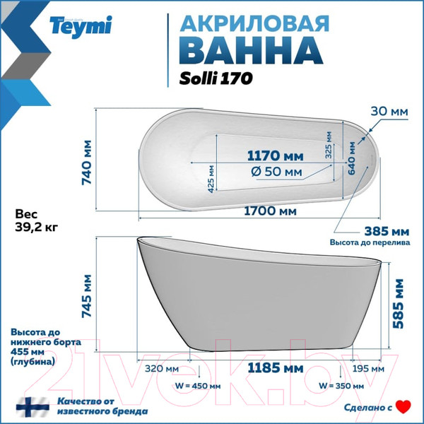 Изображение товара Ванна акриловая Teymi Solli 170x74x75 / T130110 (черный матовый)