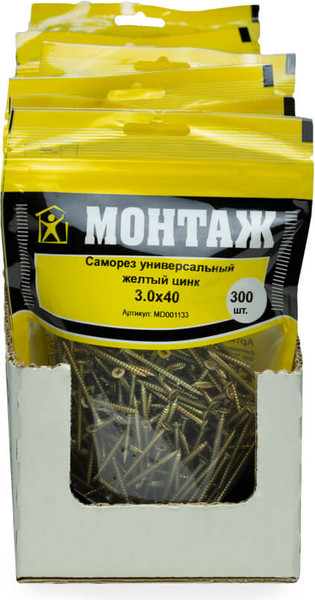 Изображение товара Саморез Монтаж Универсальный 3.0x40 / MD001133 (300шт, желтый цинк)