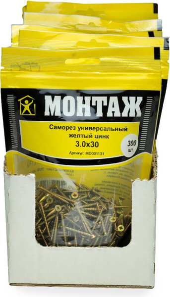 Изображение товара Саморез Монтаж Универсальный 3.0x30 / MD001131 (300шт, желтый цинк)