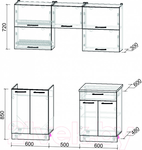 Изображение товара Кухонный гарнитур Интерлиния Мила Gloss 50-17 (белый глянец/дуб вотан/травертин серый)