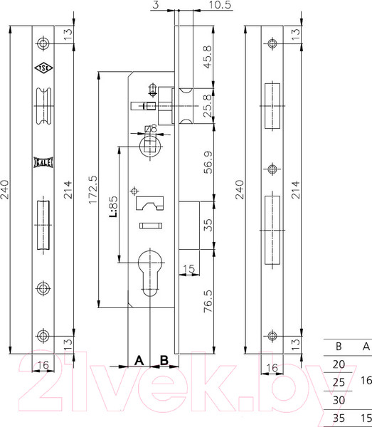 Изображение товара Замок врезной Kale Kilit 153Р В:35мм / 153Р3500032 (никель)