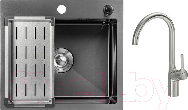 Изображение товара Мойка кухонная со смесителем Saniteco 5045 Nano + смеситель Spike (с сифоном, дозатором и коландером)