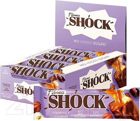 Изображение товара Набор протеиновых батончиков FitnesShock Шоколадная карамель-фундук (12x50г)