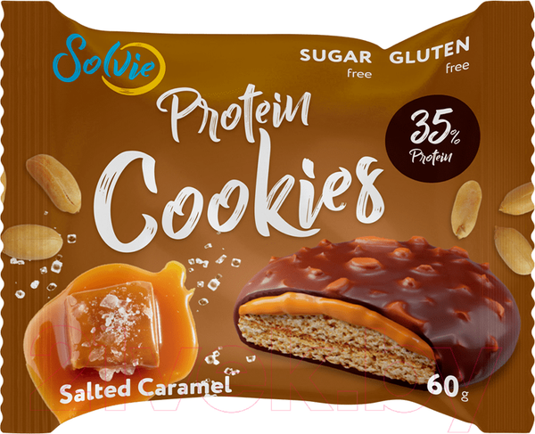 Изображение товара Набор протеинового печенья Solvie Protein Cookie Арахисовое с соленой карамелью глазир. шоколадом (8x60г)
