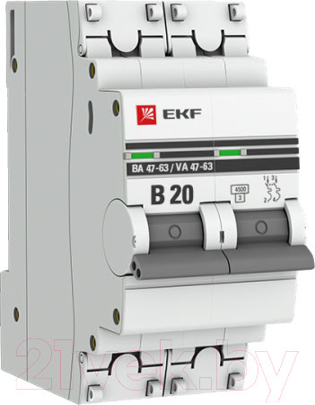 Изображение товара Выключатель автоматический EKF PROxima 2P 20А (В) 4.5kA ВА 47-63 / mcb4763-2-20B-pro