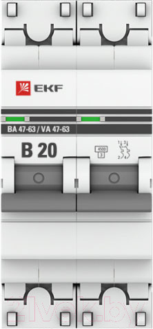 Изображение товара Выключатель автоматический EKF PROxima 2P 20А (В) 4.5kA ВА 47-63 / mcb4763-2-20B-pro