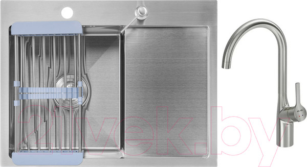 Изображение товара Мойка кухонная со смесителем Saniteco 6550-L + Spike F9S07011 (сатин, с сифоном, дозатором и коландером)