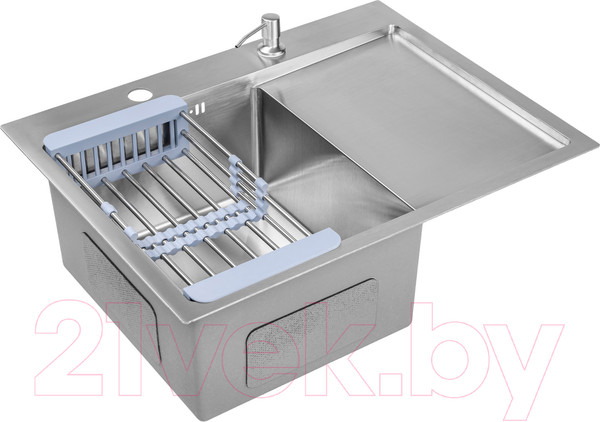 Изображение товара Мойка кухонная со смесителем Saniteco 6550-L + Spike F9S07011 (сатин, с сифоном, дозатором и коландером)