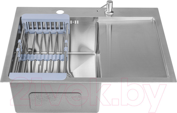 Изображение товара Мойка кухонная со смесителем Saniteco 6550-L + Spike F9S07011 (сатин, с сифоном, дозатором и коландером)