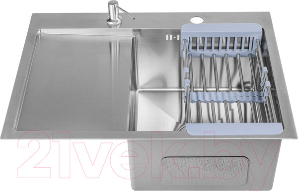Изображение товара Мойка кухонная со смесителем Saniteco 6550-R + Spike F9S07011 (сатин, с сифоном, дозатором и коландером)