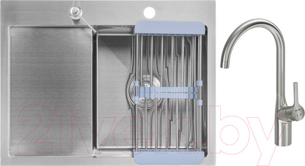 Изображение товара Мойка кухонная со смесителем Saniteco 6550-R + Spike F9S07011 (сатин, с сифоном, дозатором и коландером)