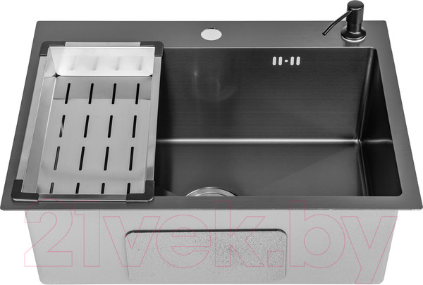 Изображение товара Мойка кухонная со смесителем Saniteco 6045 Nano + Spike F9S07011 (сатин, с сифоном, дозатором и коландером)