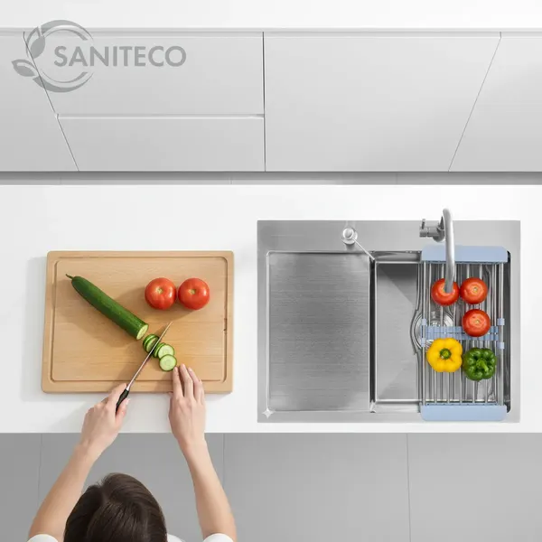 Изображение товара Мойка кухонная со смесителем Saniteco 6550-R + Spike F9S07000 (хром, с сифоном, дозатором и коландером)