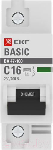 Изображение товара Выключатель автоматический EKF Basic ВА 47-100 1P 16А (C) 10kA / mcb47100-1-16C-bas