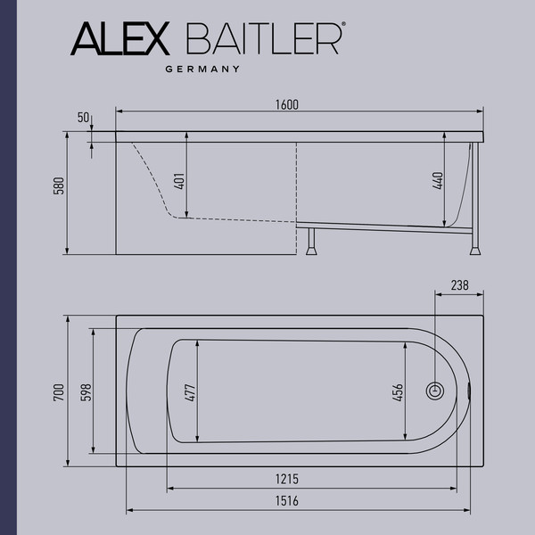 Изображение товара Ванна акриловая Alex Baitler Michigan 160х70 (Super White)