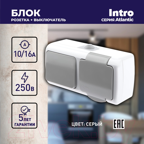 Изображение товара Блок выключатель+розетка INTRO Atlantic 5-701-03 / Б0050947 (серый)