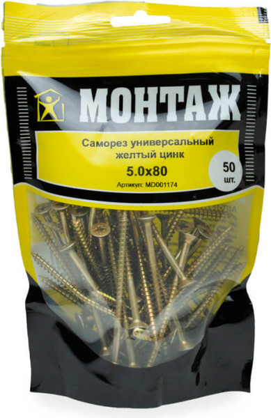 Изображение товара Саморез Монтаж Универсальный 5.0x80 / MD001174 (50шт, желтый цинк)