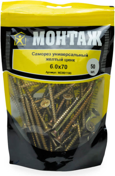 Изображение товара Саморез Монтаж Универсальный 6.0x70 / MD001180 (50шт, желтый цинк)