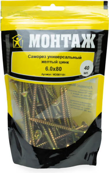 Изображение товара Саморез Монтаж Универсальный 6.0x80 / MD001181 (40шт, желтый цинк)
