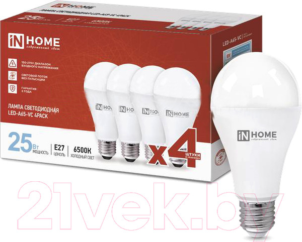 Изображение товара Лампа INhome LED-A65-VC 25Вт 230В Е27 6500К 2380Лм / 4690612052533 (4шт)
