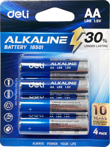 Изображение товара Комплект батареек Deli АА LR6 / 18501 (4шт)