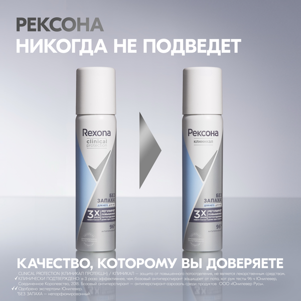Изображение товара Антиперспирант-спрей Rexona Clinical Protection Гипоаллергенный без запаха (75мл)