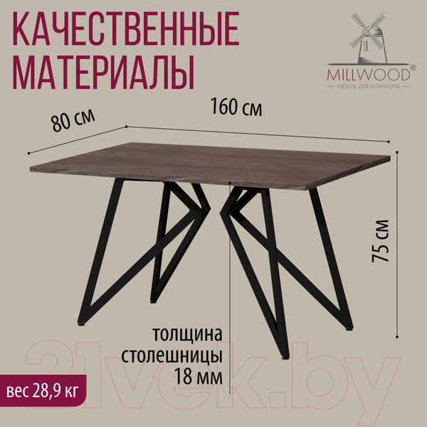 Изображение товара Обеденный стол Millwood Женева Л18 160x80 (сосна пасадена/металл черный)