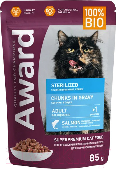 Изображение товара Влажный корм для кошек Award Sterilized для взрослых кошек кусочки в соусе с лососем (85г)
