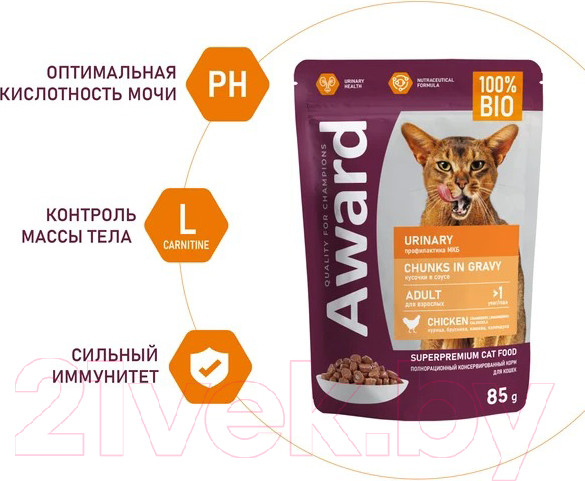 Изображение товара Влажный корм для кошек Award Urinary для взрослых кошек кусочки в соусе с курицей (85г)