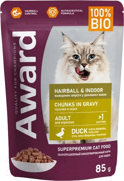 Изображение товара Влажный корм для кошек Award Hairball & Indoor для выведения шерсти кусочки в соусе с уткой (85г)